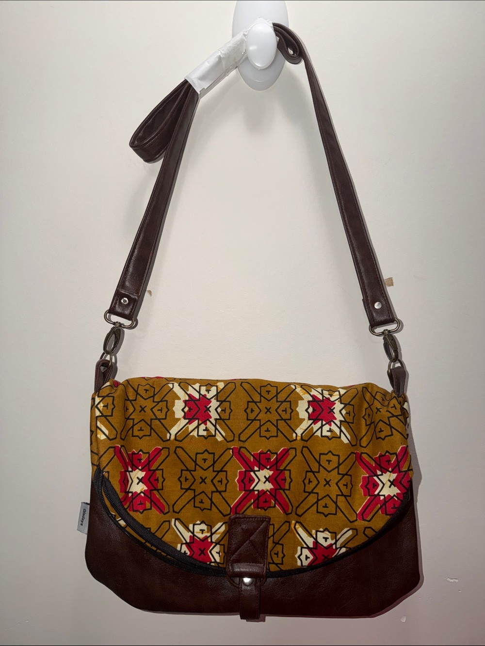 Gladays Brown Leather-Trimmed Mustard Patterned Crossbody 9.5x13 Made in Uganda